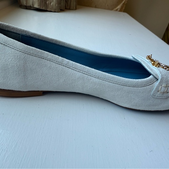 New Paula Quadretti White Suede Loafers with Gold Rhinestone Fleur-de-Lis accent - Picture 9 of 12